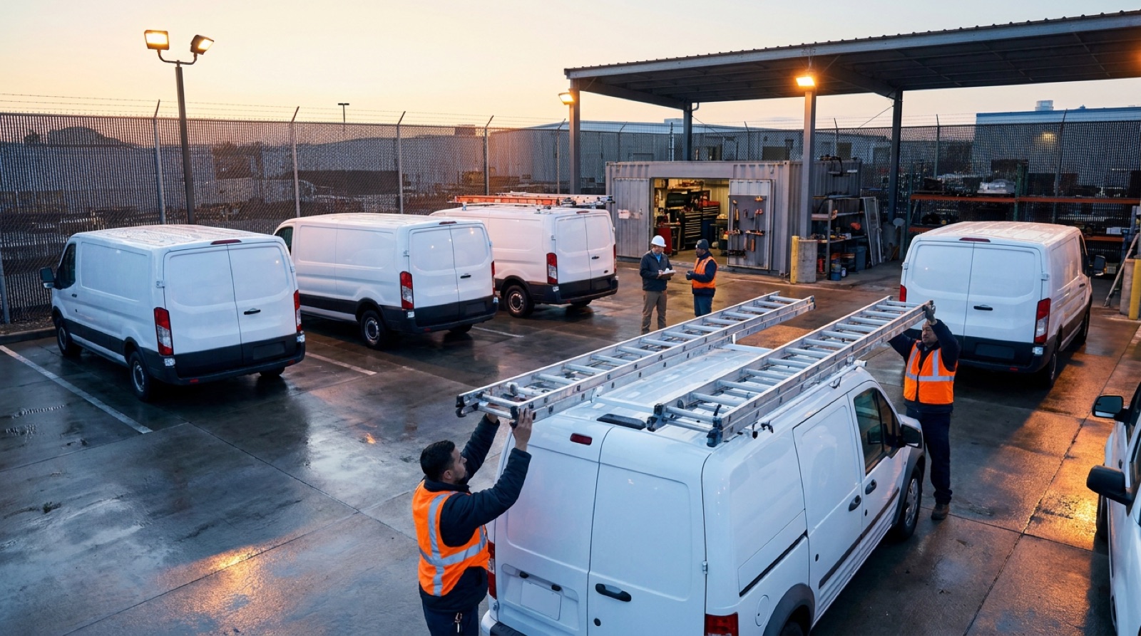 Northmill's service yard at dawn, with crews loading ladders onto white vans